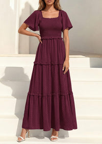 PRETTYGARDEN Summer Dresses for Women Boho Swiss Dot Smocked Square Neck Short Sleeve Spring Wedding Guest Maxi Dress PRETTYGARDEN