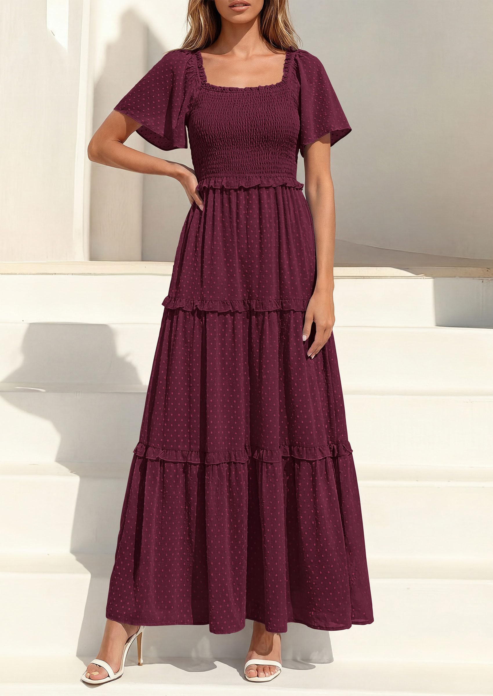 PRETTYGARDEN Summer Dresses for Women Boho Swiss Dot Smocked Square Neck Short Sleeve Spring Wedding Guest Maxi Dress PRETTYGARDEN