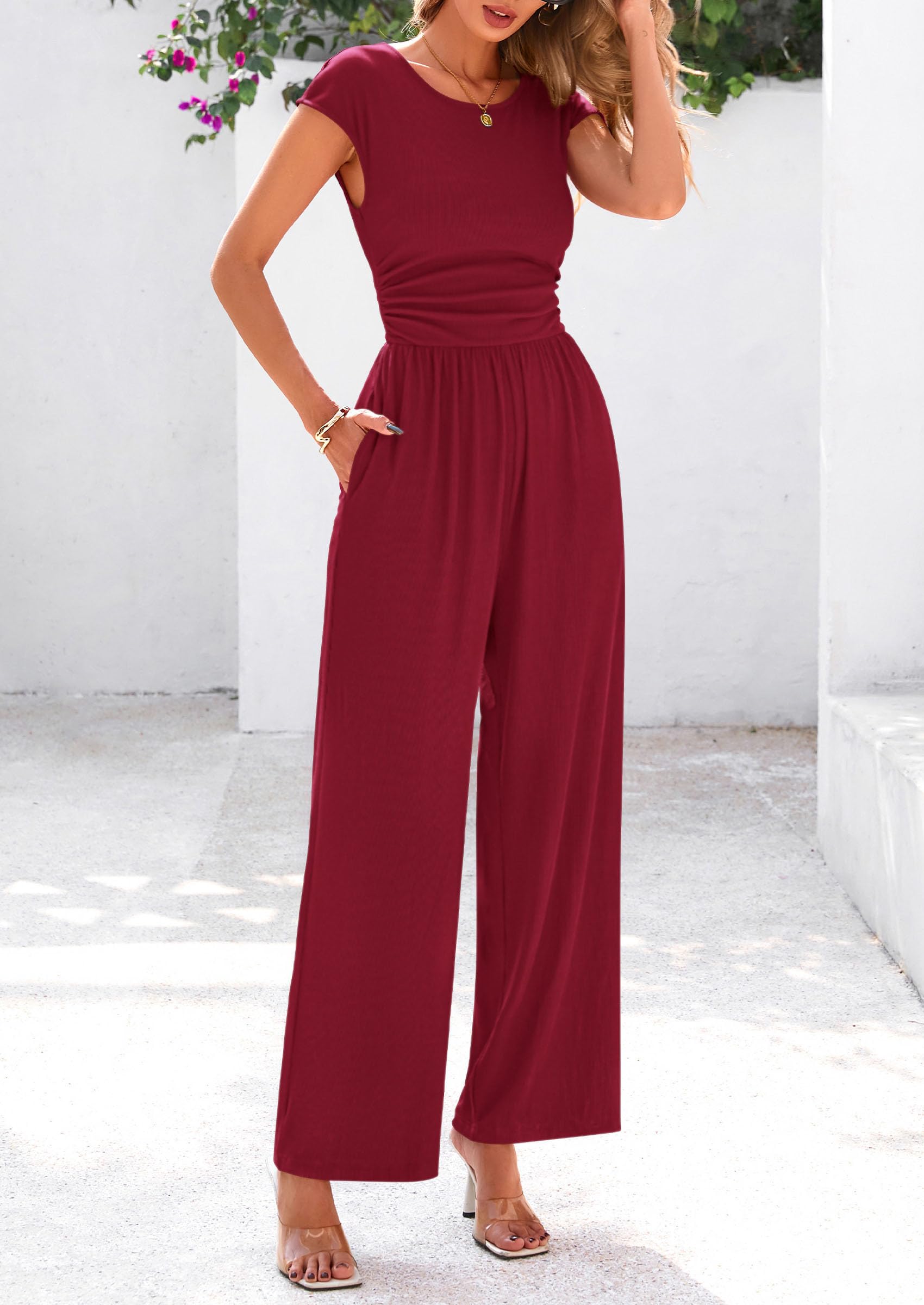 PRETTYGARDEN Summer Jumpsuits Ribbed Cap Sleeve Wide Leg Pants Women's Rompers Elegant Casual Trendy Vacation Outfits