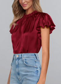 Summer Satin Blouse Shirt Dressy Casual Ruffle Short Sleeve Crewneck Work Party Tops