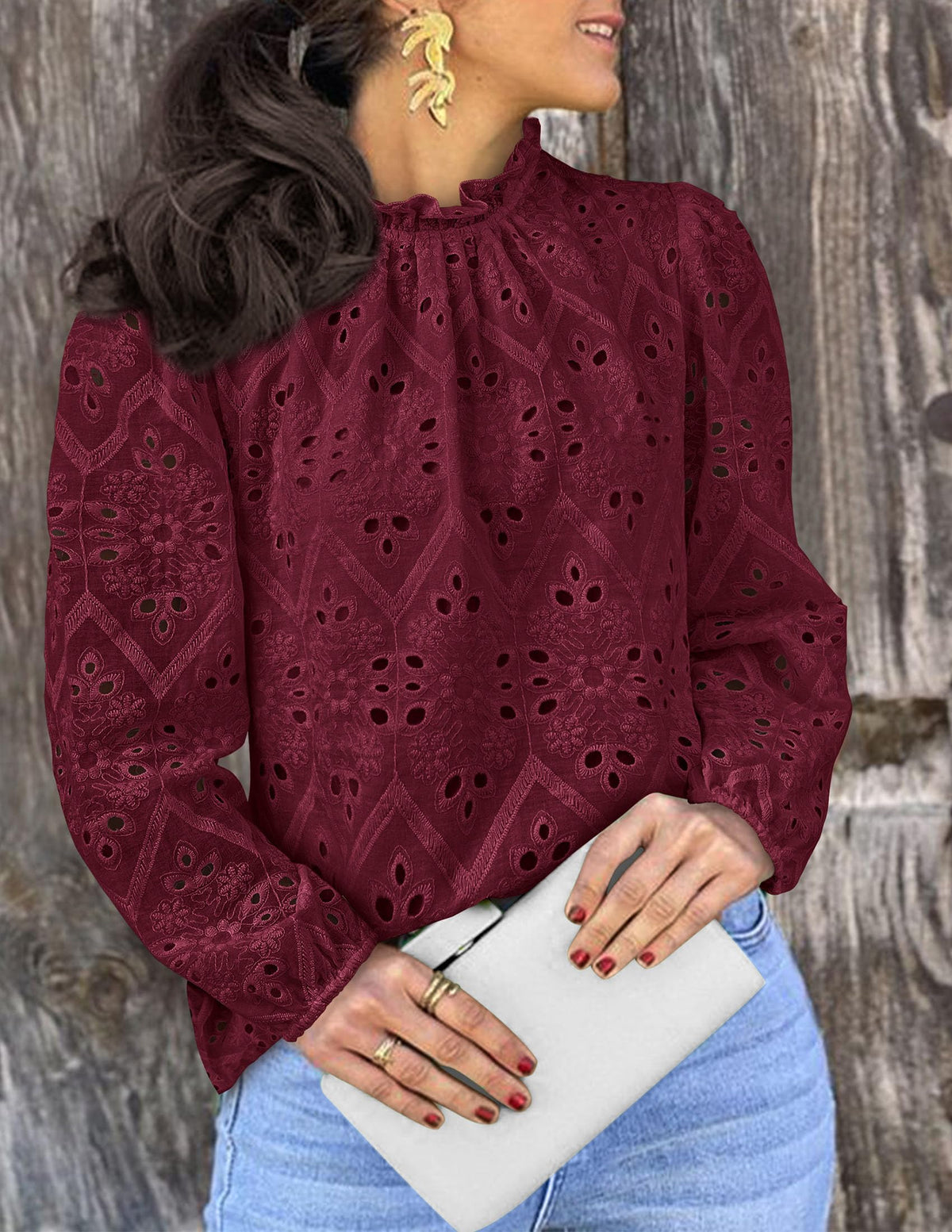 Womens Blouses Dressy Casual Embroidered Long Puff Sleeve Shirts Ruffle Eyelet Lace Top Fall Clothes