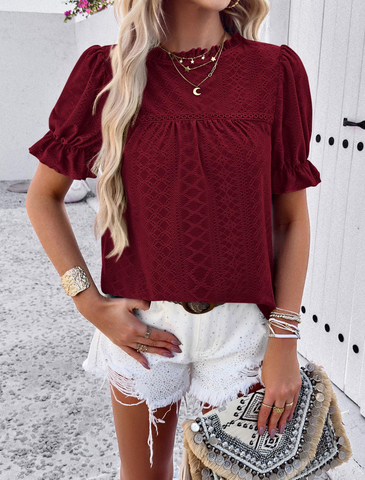 Summer Tops Casual Crewneck Ruffle Short Sleeve Eyelet Babydoll Blouse Shirts