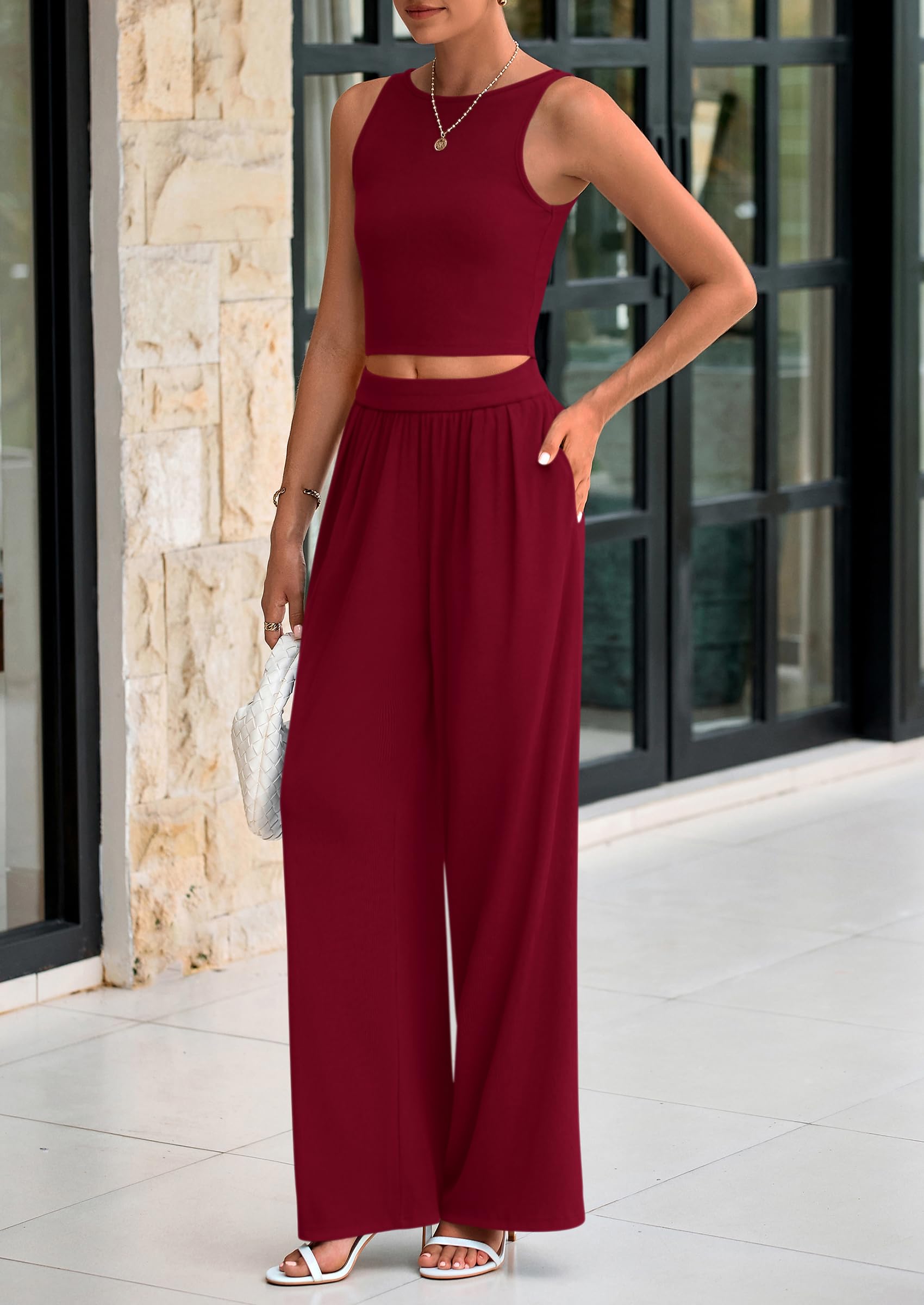 PRETTYGARDEN Two Piece Sets Ribbed Knit Crew Neck Sleeveless Tank Tops Wide Leg Pants Casual Lounge Set