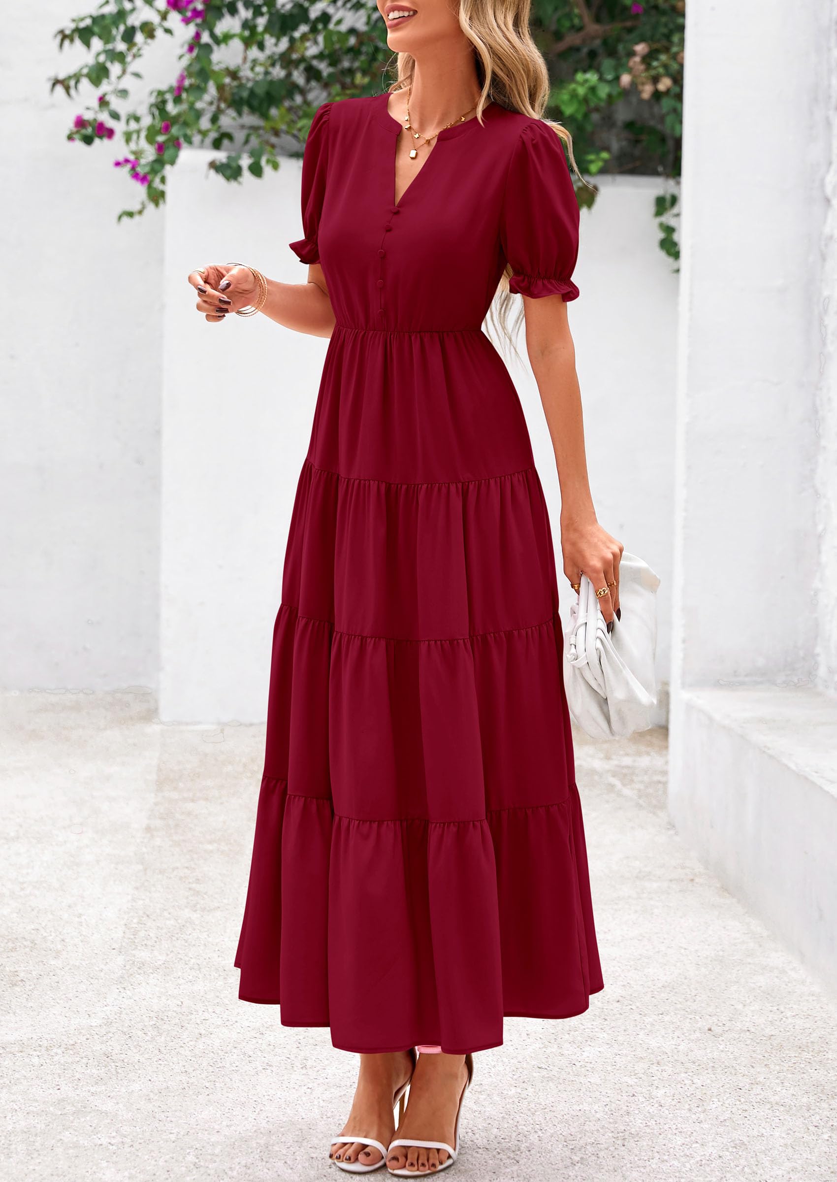 PRETTYGARDEN Women's Casual Short Sleeve V Neck Midi Dresses Spring A-line Tiered Wedding Guest Dress