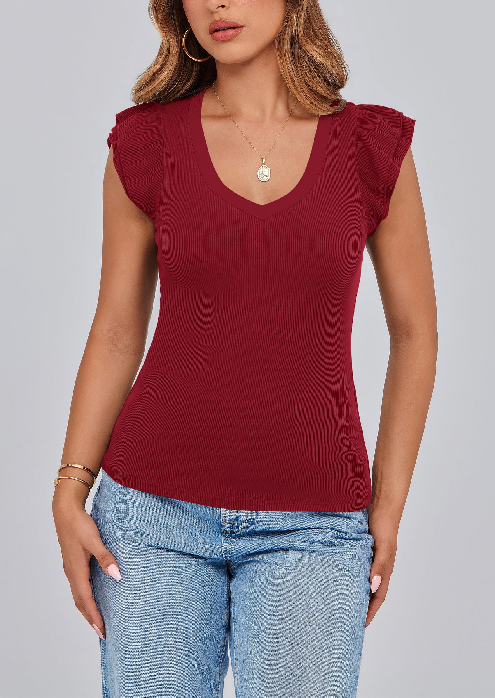 PRETTYGARDEN Womens V Neck Summer Tops Ruffle Sleeveless Slim Fit T Shirts Going Out Casual Blouses