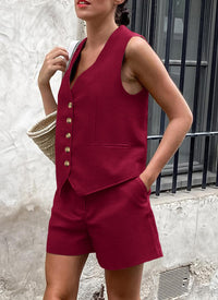 Button Down V Neck Vest Sleeveless Tops And Pockets Shorts 2 Piece Suits Sets