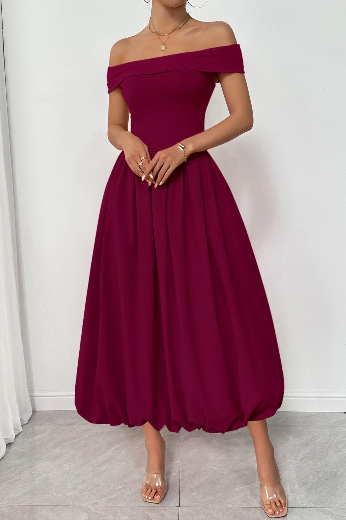 Womens Summer Off Shoulder Sleeveless Midi Dress Cocktail A Line Flowy Wedding Guest Dresses with Pockets