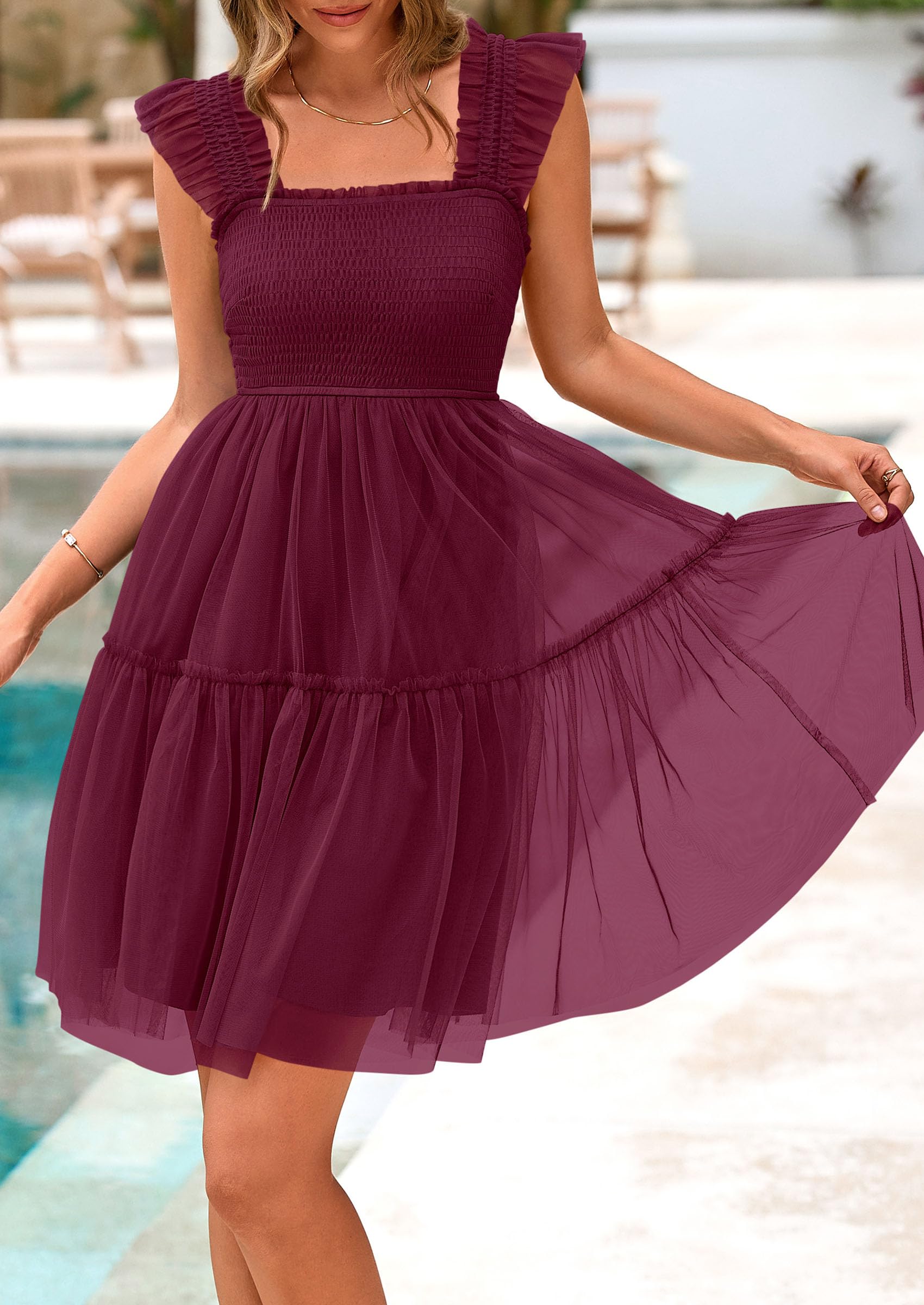 PRETTYGARDEN Womens Trendy Mini Summer Dresses Sleeveless Tulle Ruffle Square Neck Tiered Smocked Beach Vacation Dress