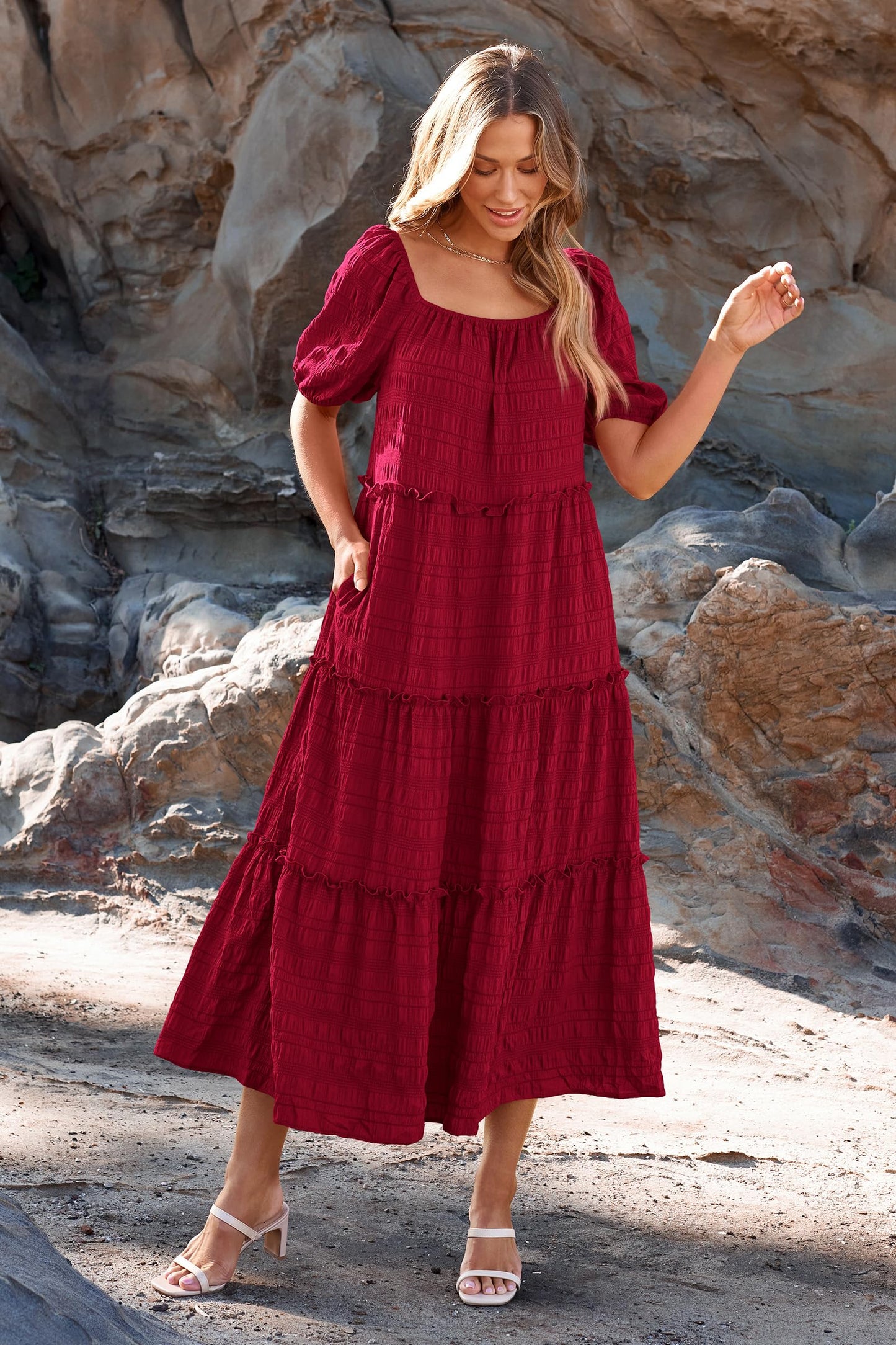 Casual Maxi Dresses Summer Short Sleeve Off The Shoulder Ruffle Tiered Flowy Boho Party Beach Long Dress