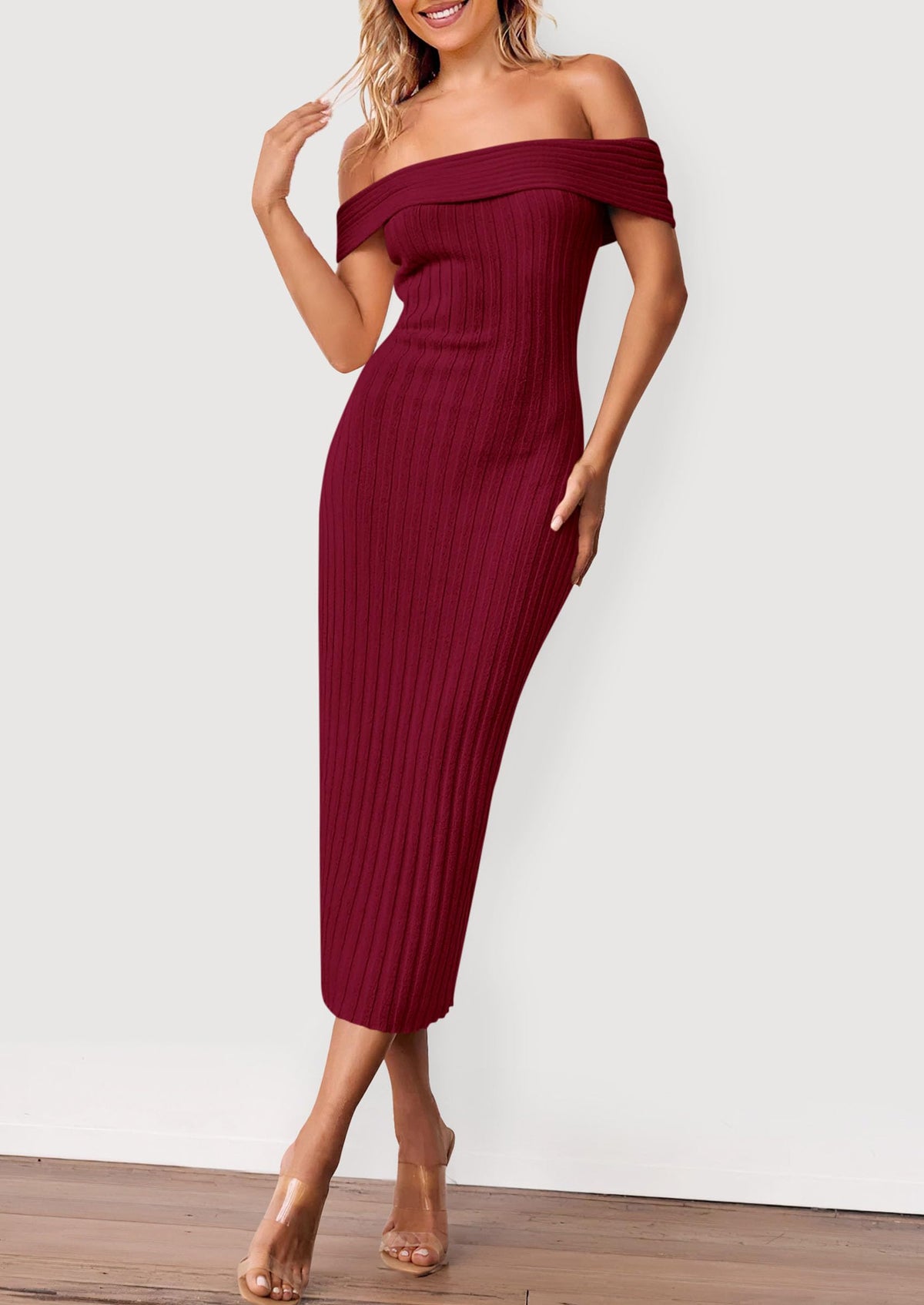 Women's Off The Shoulder Sweater Dresses 2025 Summer Elegant Ribbed Knit Midi Bodycon Wedding Guest Dress