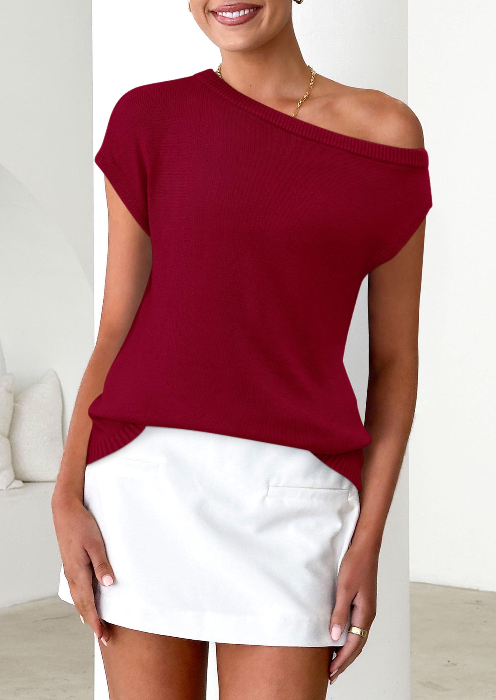 PRETTYGARDEN Womens Off The Shoulder Tops Summer Casual Short Sleeve Tunic T Shirts Lightweight Knit Sweaters