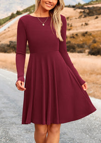 Women's Fall Short Dress Ribbed Knit Crewneck Long Sleeve A Line Flowy Casual Elegant Cute Going Out Dresses