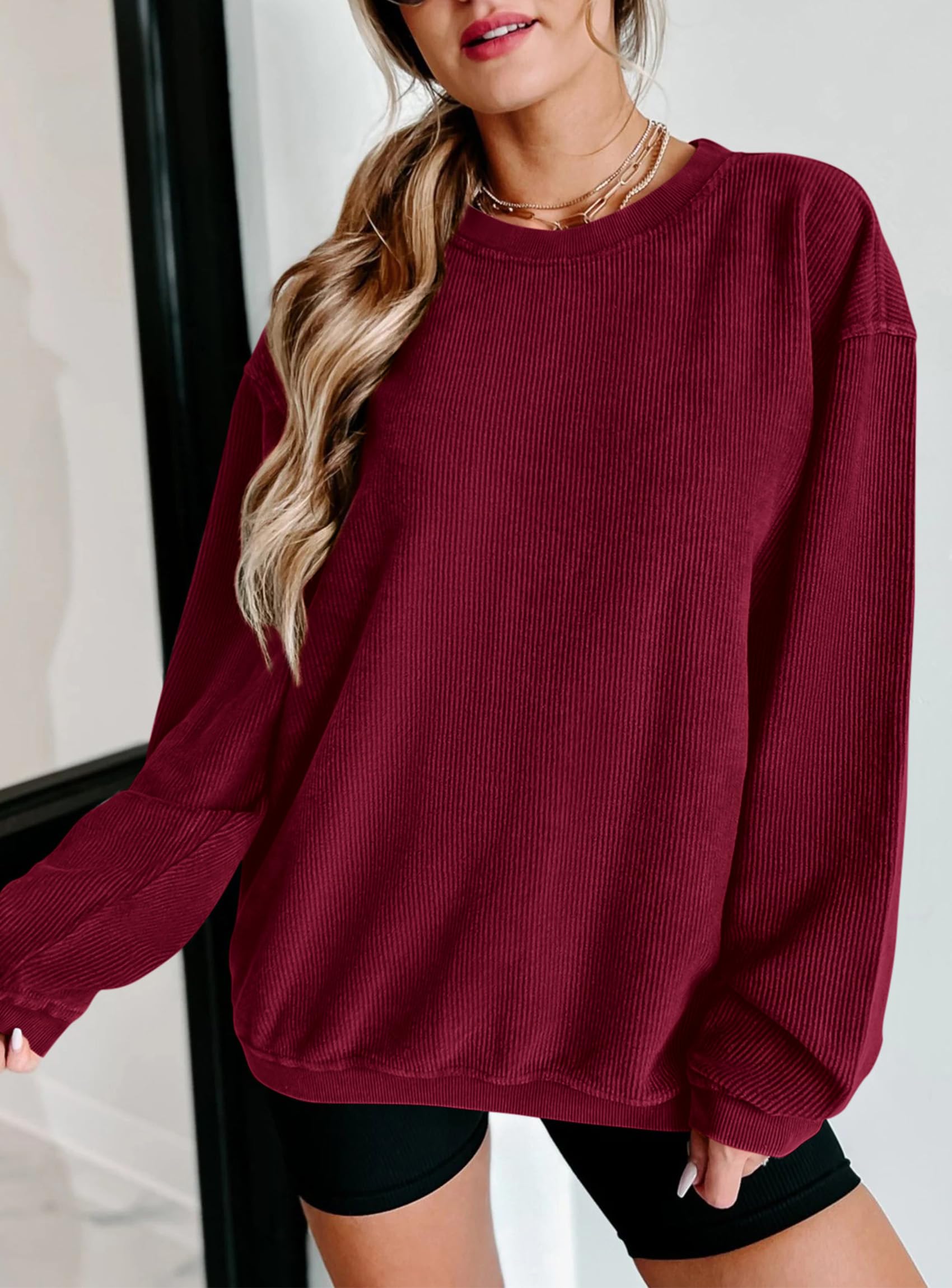 PRETTYGARDEN Women's Oversized Sweatshirt 2025 Fall Fashion Clothes Ribbed Corduroy Long Sleeve Going Out Pullover Tops