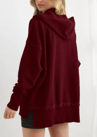 PRETTYGARDEN Womens Fashion Oversized Long Sleeve Hoodie Button Down V Neck Sweatshirt Side Slit Casual Pullover Tops