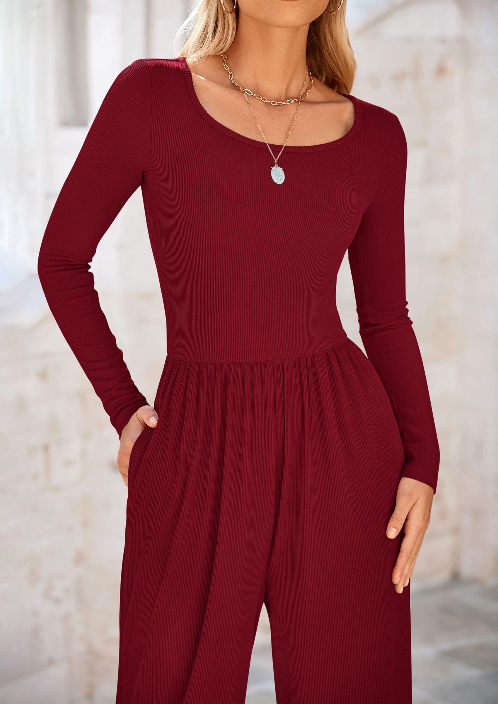 PRETTYGARDEN Fashion Jumpsuits Dressy Casual Long Sleeve Wide Leg Ribbed Knit Rompers