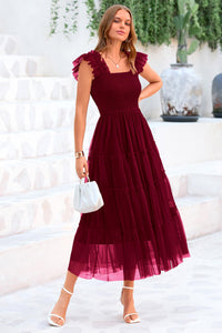 Summer Casual Sleeveless Smocked Ruffle Tulle Flowy Beach Sundress