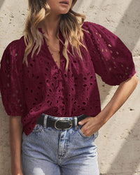 Casual Short Lantern Sleeve V Neck Buttons Hollow Out Lace Embroidered Blouses