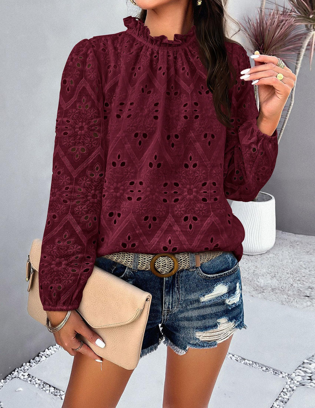 Womens Blouses Dressy Casual Embroidered Long Puff Sleeve Shirts Ruffle Eyelet Lace Top Fall Clothes