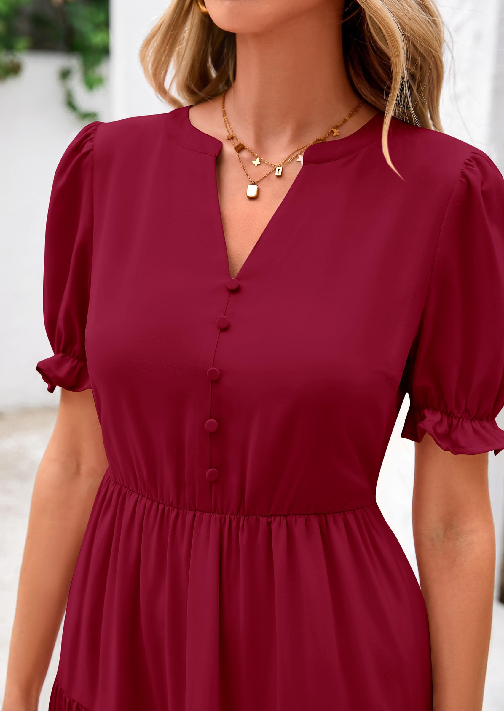 PRETTYGARDEN Women's Casual Short Sleeve V Neck Midi Dresses Spring A-line Tiered Wedding Guest Dress