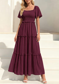 PRETTYGARDEN Summer Dresses for Women Boho Swiss Dot Smocked Square Neck Short Sleeve Spring Wedding Guest Maxi Dress PRETTYGARDEN