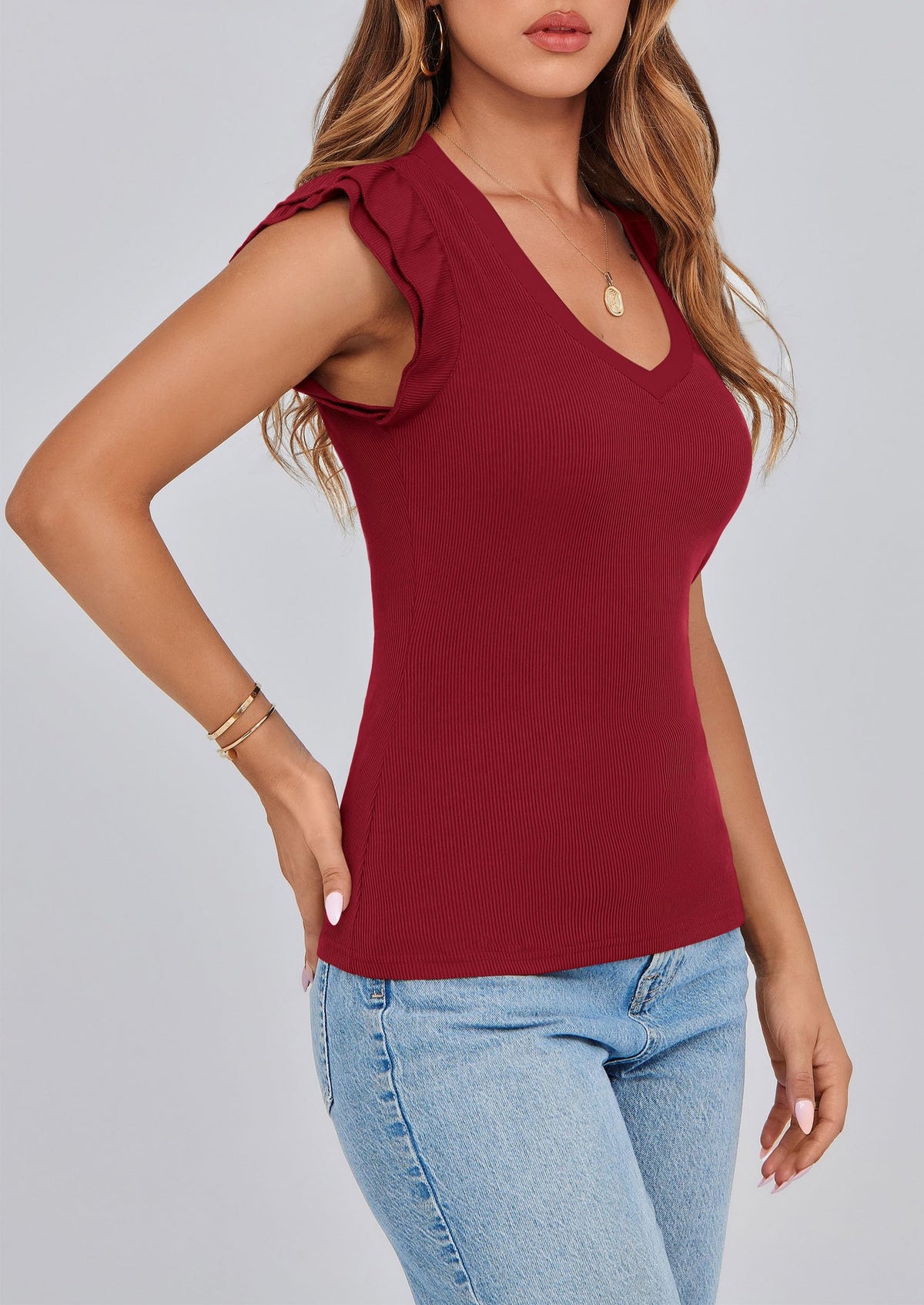 Womens V Neck Summer Ruffle Sleeveless Slim Fit  Going Out Casual T-shirts