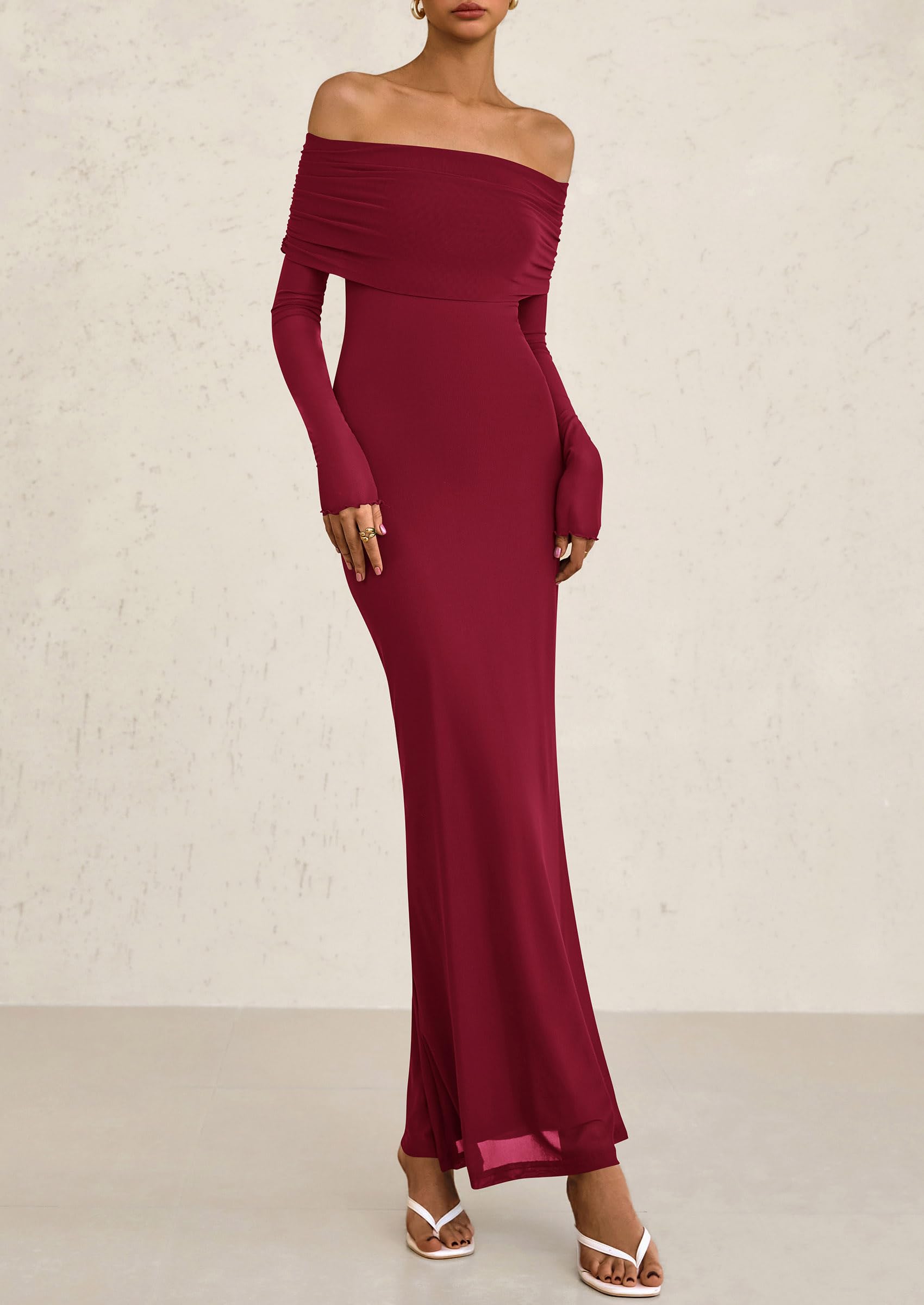 PRETTYGARDEN Off The Shoulder Dresses for Women Mesh Long Sleeve Baby Shower Formal Wedding Guest Dress