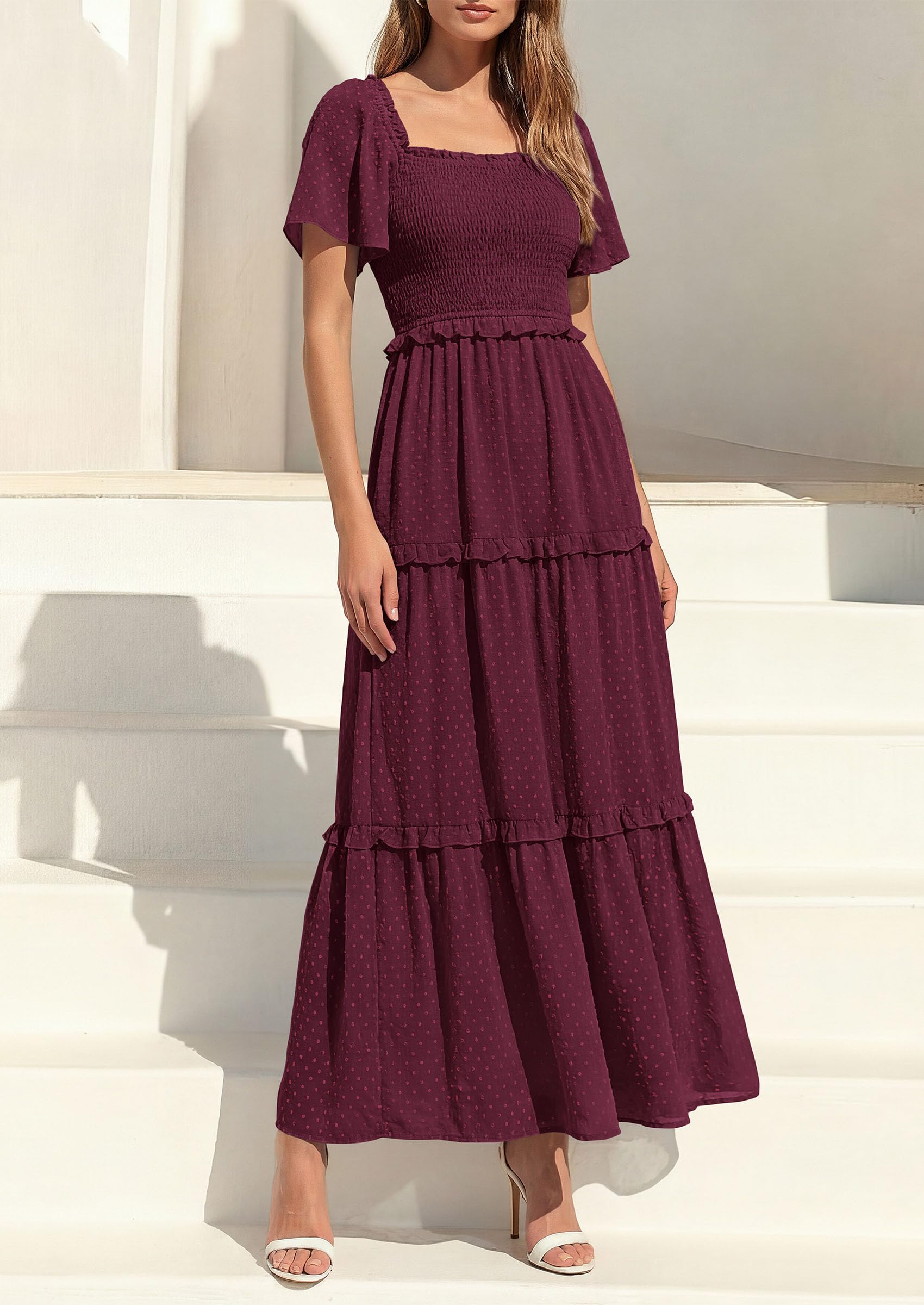 PRETTYGARDEN Summer Dresses for Women Boho Swiss Dot Smocked Square Neck Short Sleeve Spring Wedding Guest Maxi Dress PRETTYGARDEN