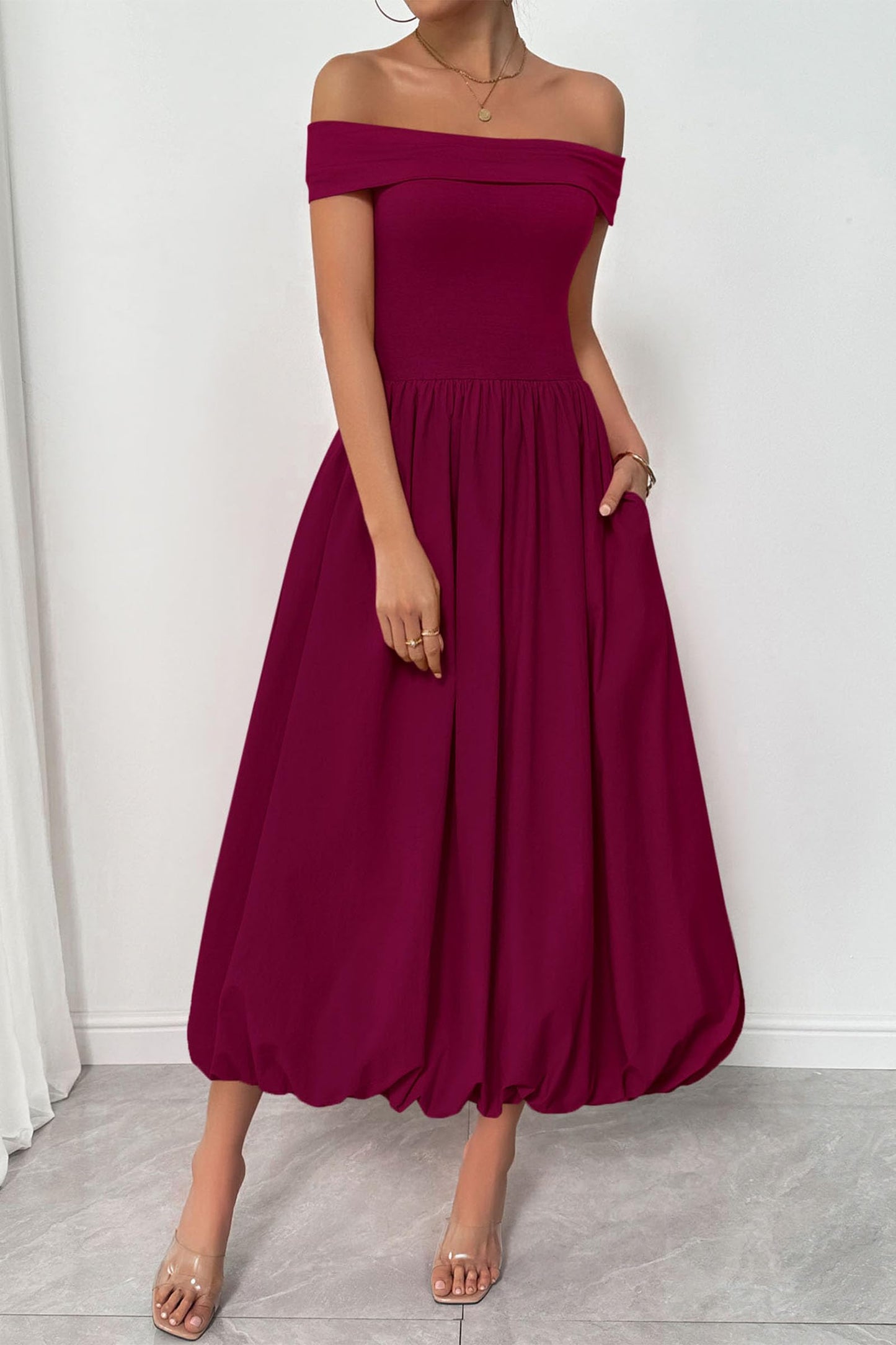 Womens Summer Off Shoulder Sleeveless Midi Dress Cocktail A Line Flowy Wedding Guest Dresses with Pockets