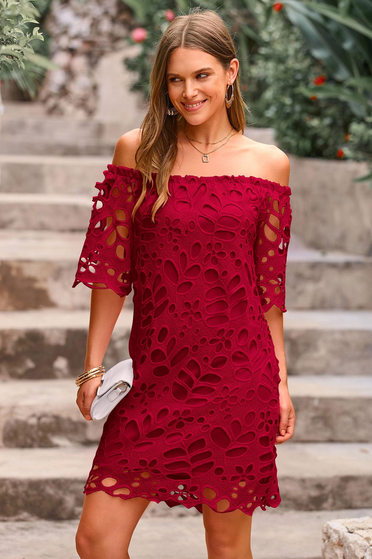 Women's Summer Off Shoulder Vintage Floral Lace Flare Short Sleeve Loose Elegant Mini Dress