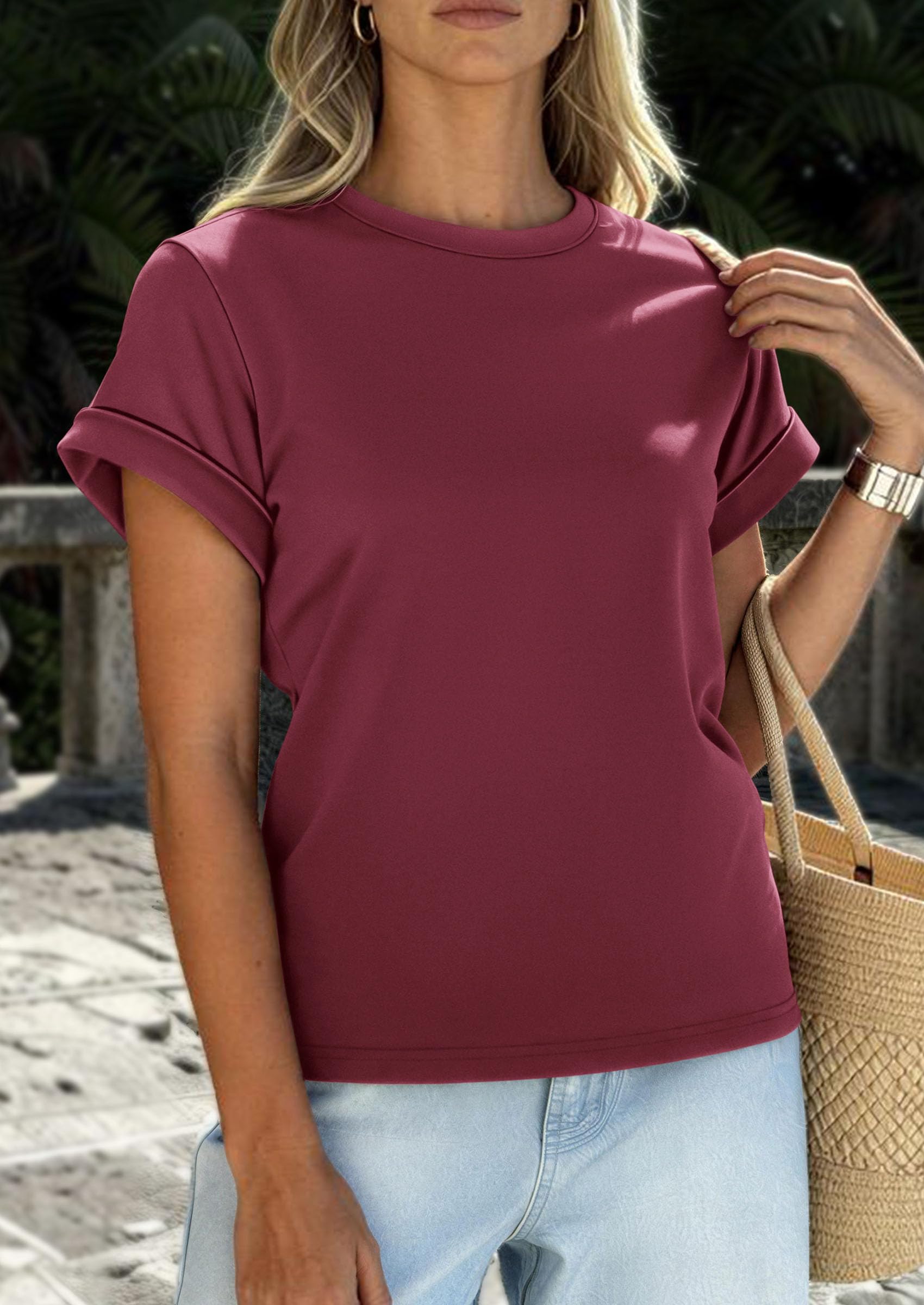 PRETTYGARDEN Womens Summer Tops Spring Casual Rolled Short Sleeve Basic Tees Crew Neck Work Shirts Fashion Clothing PRETTYGARDEN