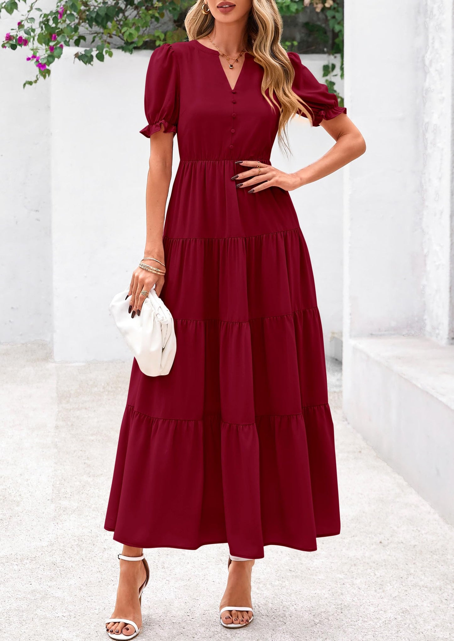 Women's Casual Summer Midi Dress 2025 Spring Short Sleeve V Neck Tiered Flowy Beach Vacation Dress with Pockets