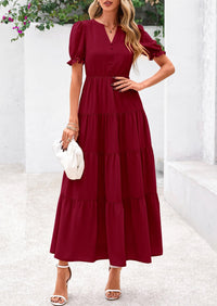 Women's Casual Summer Maxi Dress 2025 Spring Short Sleeve V Neck Tiered Flowy Beach Vacation Dress with Pockets