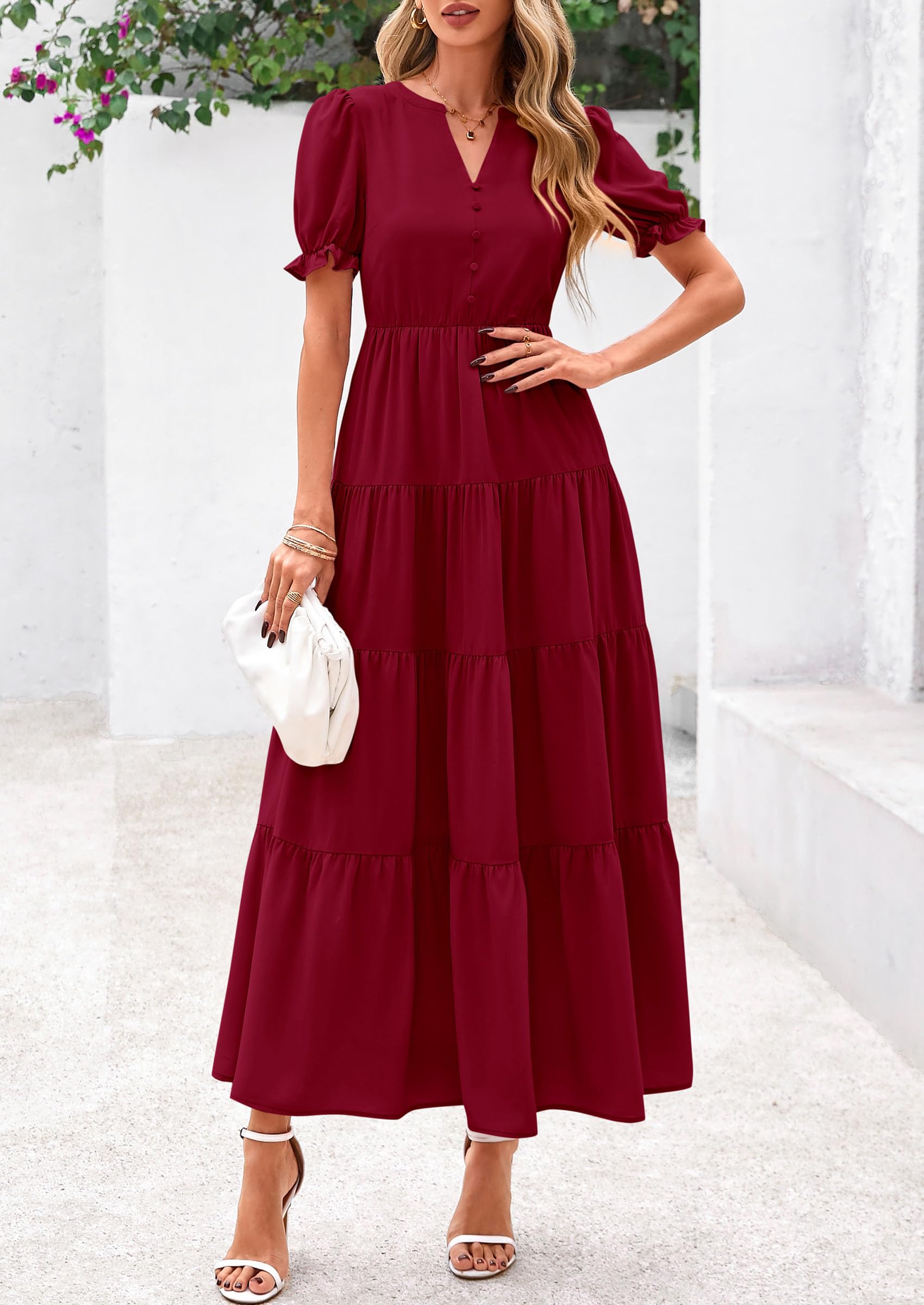 PRETTYGARDEN Women's Casual Short Sleeve V Neck Midi Dresses Spring A-line Tiered Wedding Guest Dress