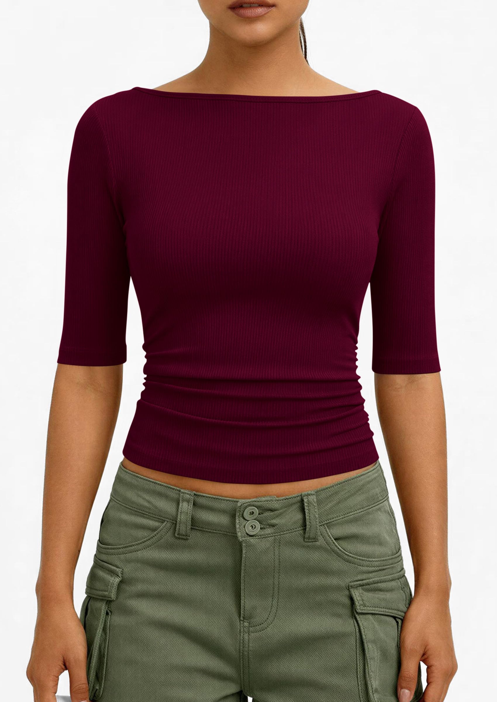 PRETTYGARDEN Womens Summer Short Sleeve Tops Boat Neck Ribbed Knit Slim Fit T Shirt Casual Basic Top Spring Clothes PRETTYGARDEN