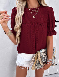 Summer Tops Casual Crewneck Ruffle Short Sleeve Eyelet Babydoll Blouse Shirts