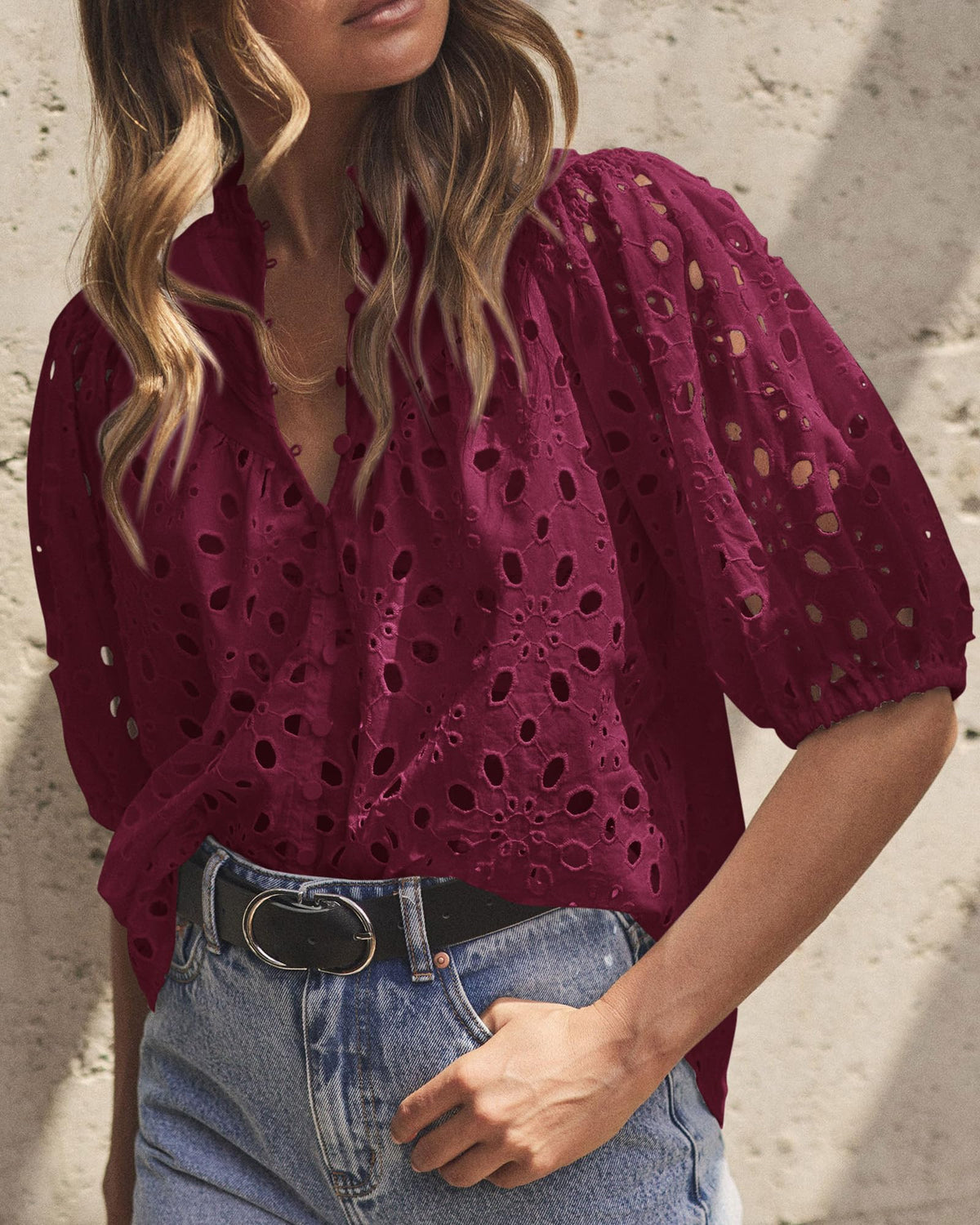 Casual Short Lantern Sleeve V Neck Buttons Hollow Out Lace Embroidered Blouses