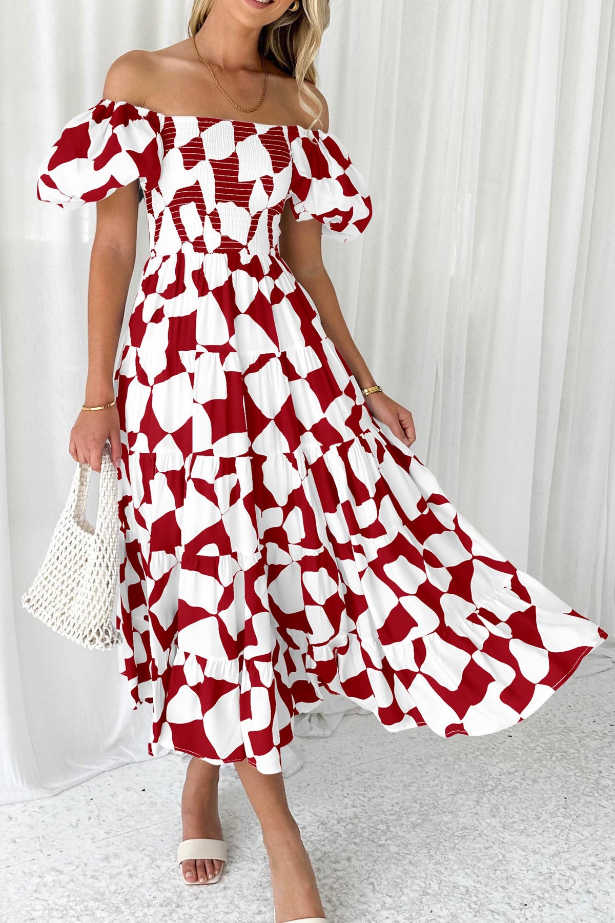 Off Shoulder Puff Sleeve Print Smocked Ruffle Beach Flowy Boho Midi Dress