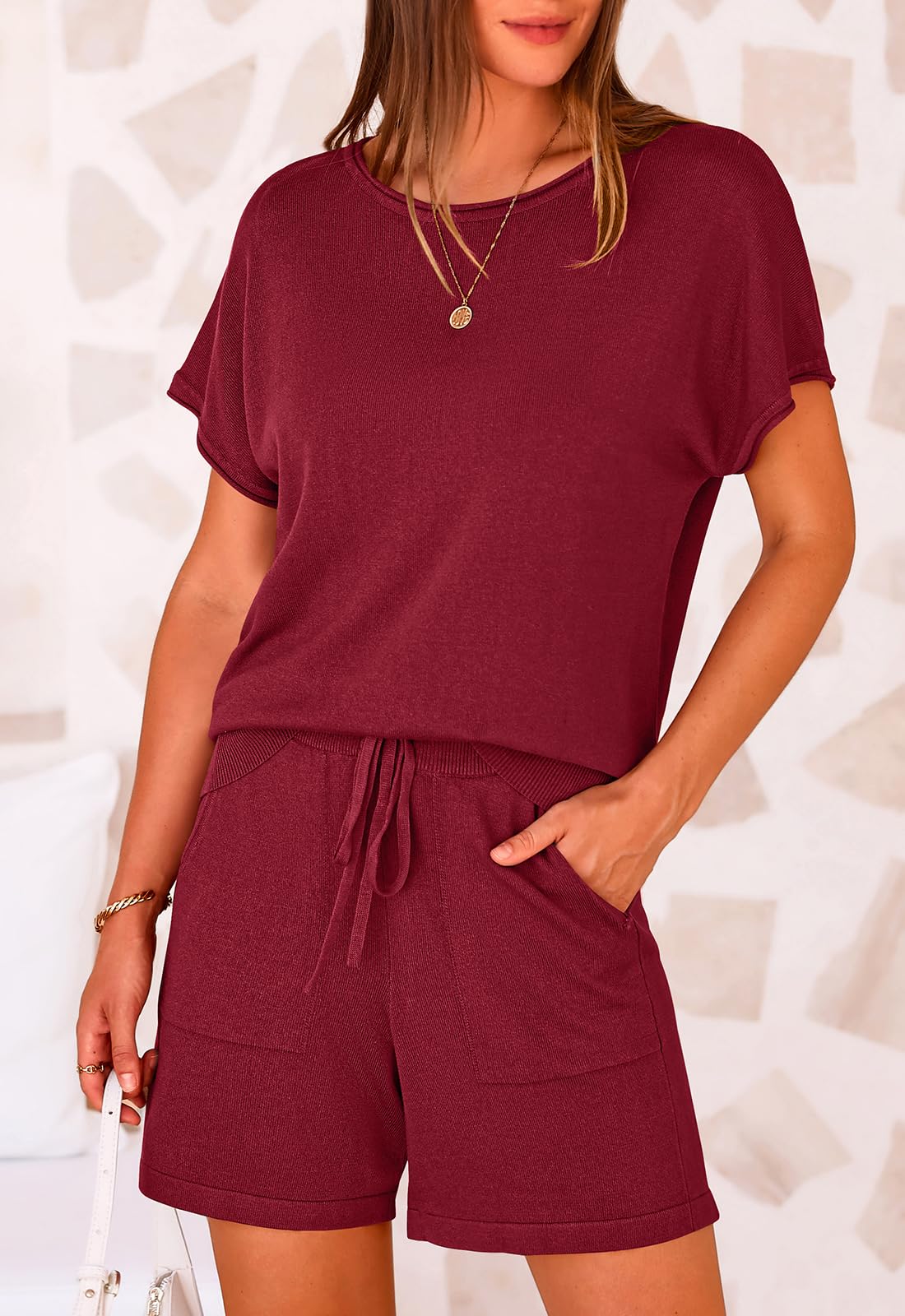 PRETTYGARDEN Two Piece Set for Women Summer Lounge Sets Shorts And Short Sleeve Tops Knitted Matching Travel Spring Outfits PRETTYGARDEN