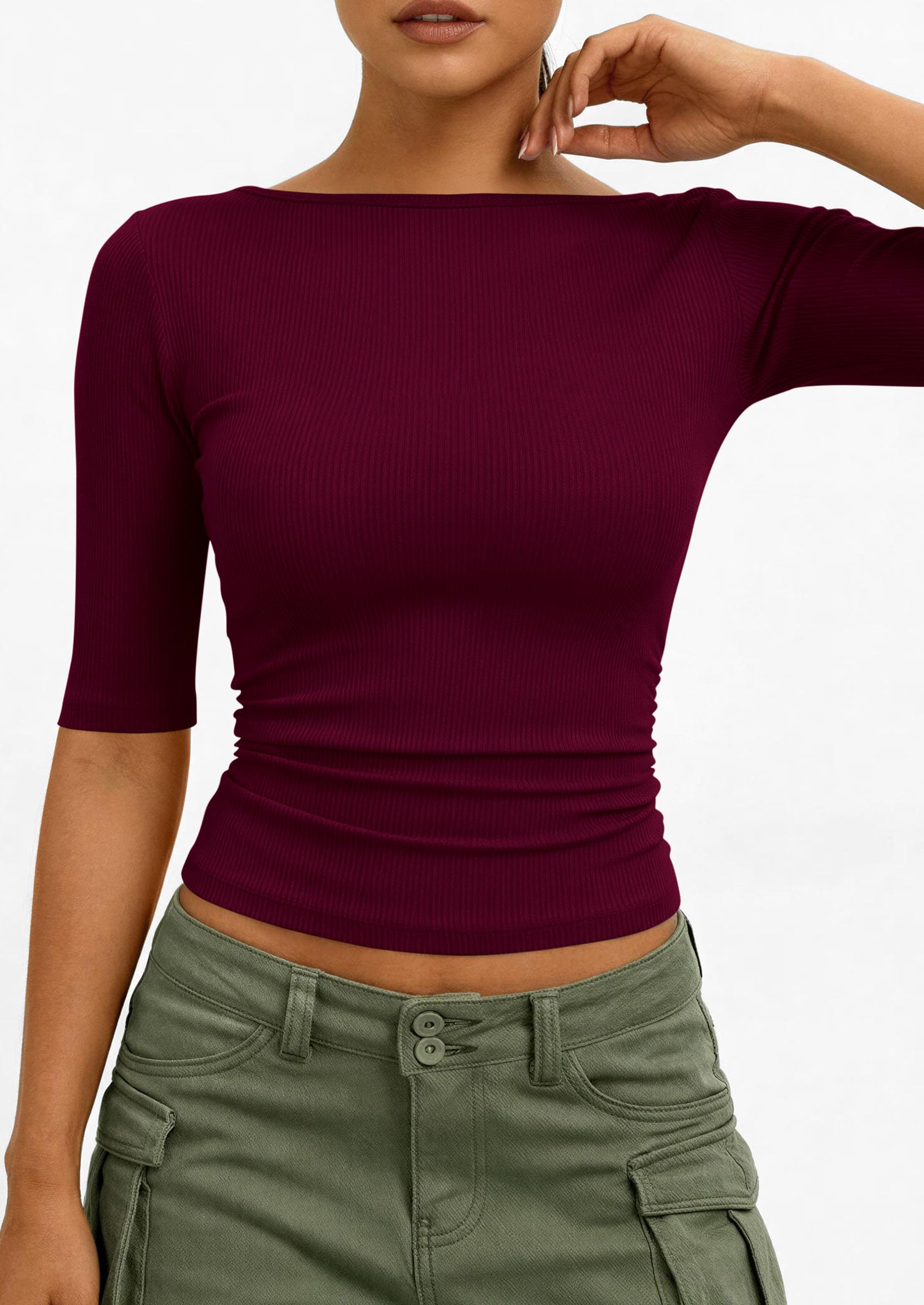 PRETTYGARDEN Womens Summer Short Sleeve Tops Boat Neck Ribbed Knit Slim Fit T Shirt Casual Basic Top Spring Clothes PRETTYGARDEN