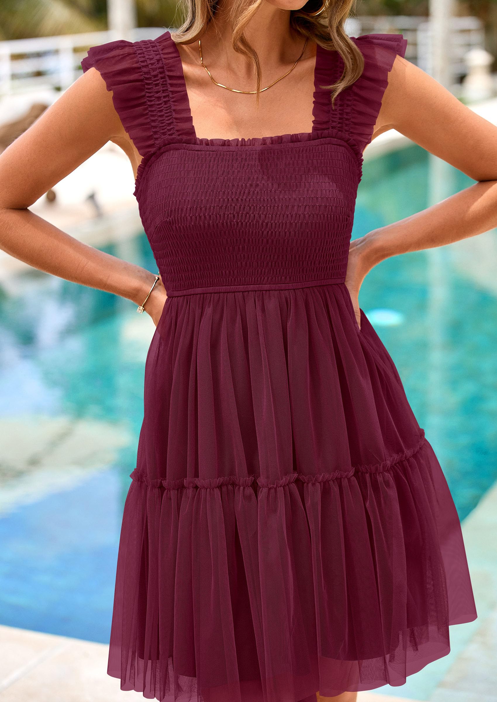 PRETTYGARDEN Womens Trendy Mini Summer Dresses Sleeveless Tulle Ruffle Square Neck Tiered Smocked Beach Vacation Dress