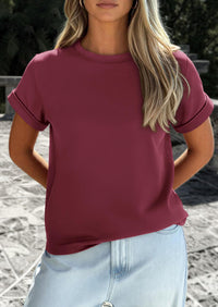 PRETTYGARDEN Womens Summer Tops Spring Casual Rolled Short Sleeve Basic Tees Crew Neck Work Shirts Fashion Clothing PRETTYGARDEN