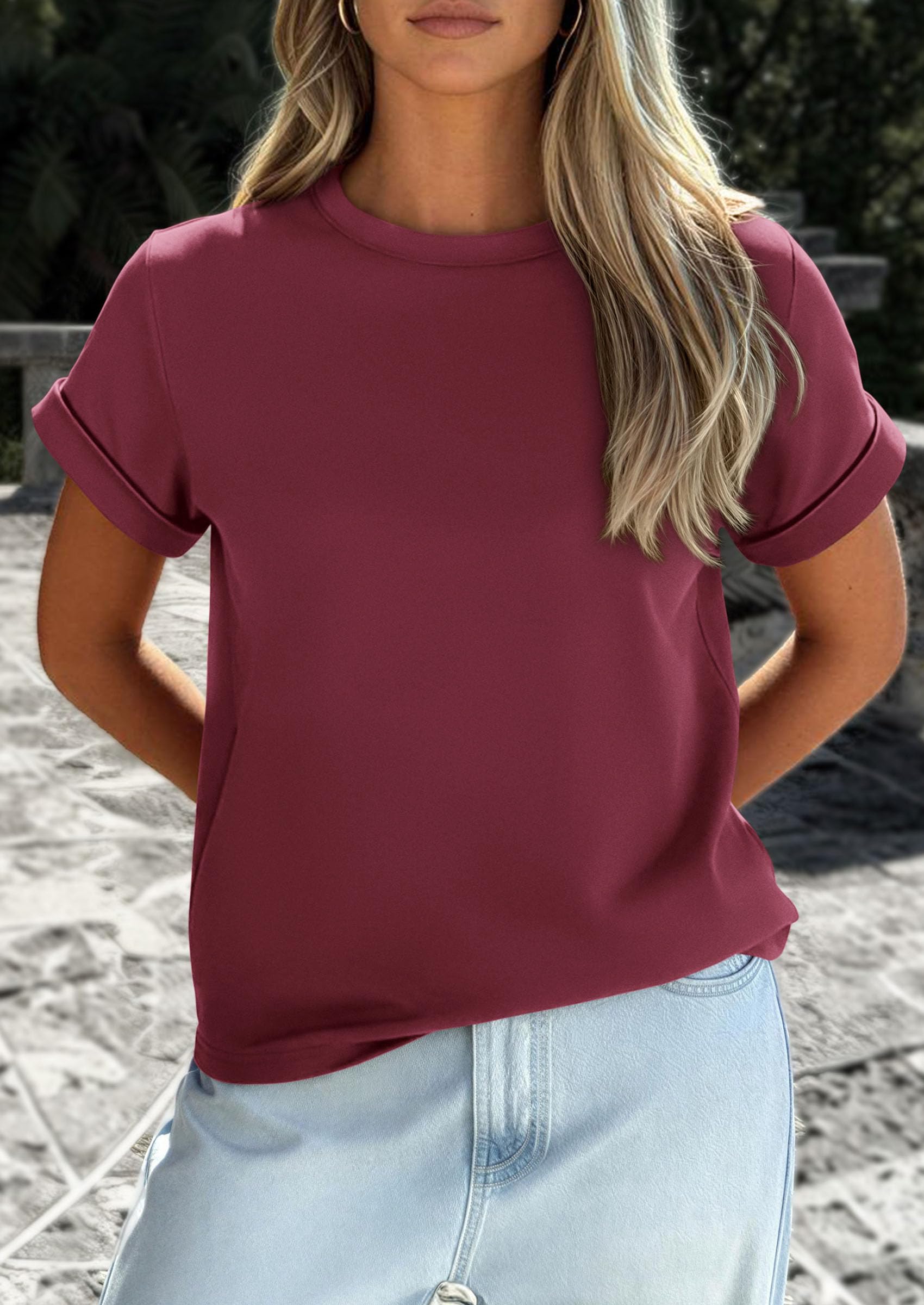 PRETTYGARDEN Womens Summer Tops Spring Casual Rolled Short Sleeve Basic Tees Crew Neck Work Shirts Fashion Clothing PRETTYGARDEN