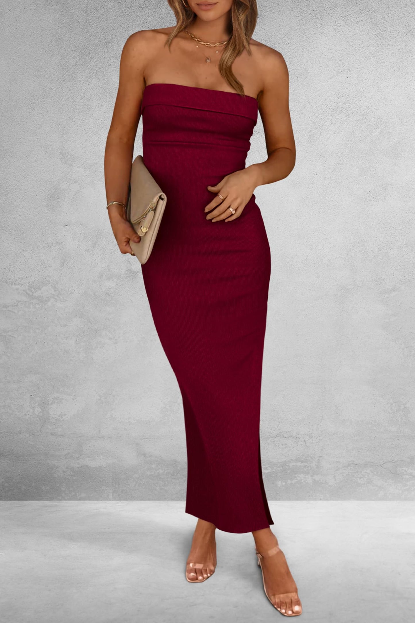 Ribbed Strapless Side Slit Long Going Out Casual Elegant Party Dresses