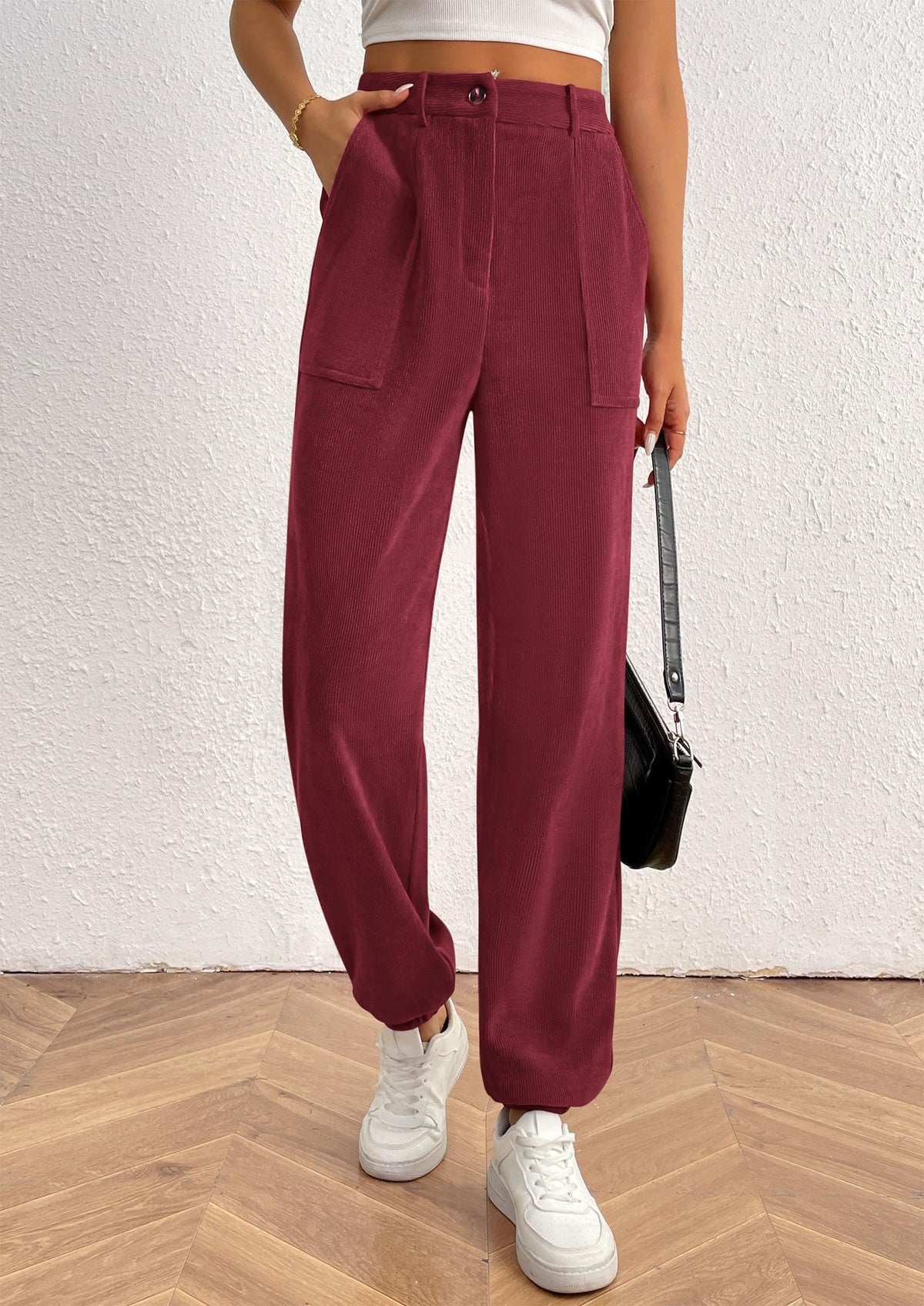 Women's Dressy Casual Pants Elastic High Waisted Work Office Corduroy Trouser Slacks with Pockets