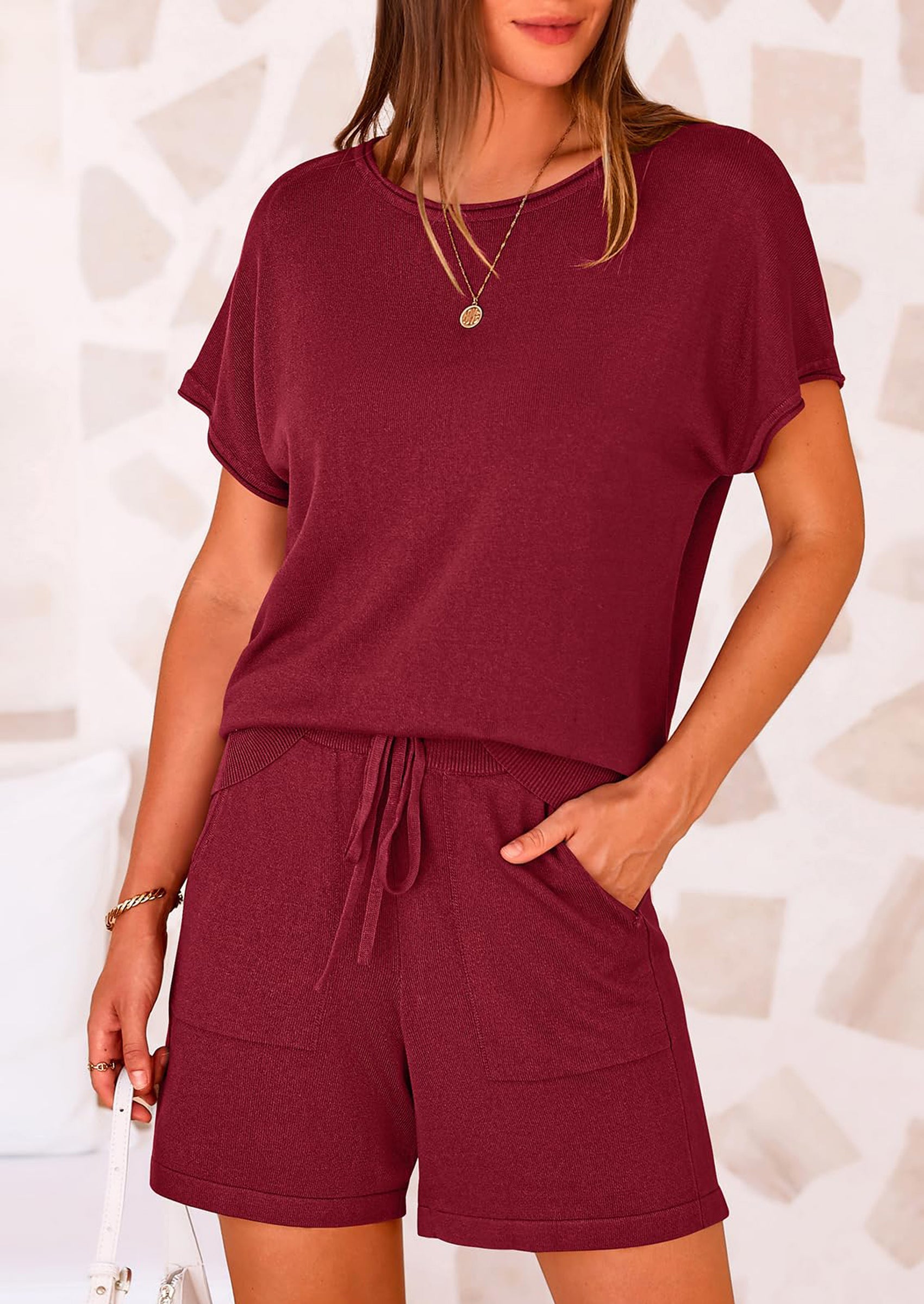 PRETTYGARDEN Two Piece Set for Women Summer Lounge Sets Shorts And Short Sleeve Tops Knitted Matching Travel Spring Outfits PRETTYGARDEN