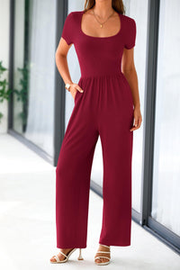 Summer One Piece Jumpsuits Dressy Casual Short Sleeve Square Neck Wide Leg Jumpsuit Rompers