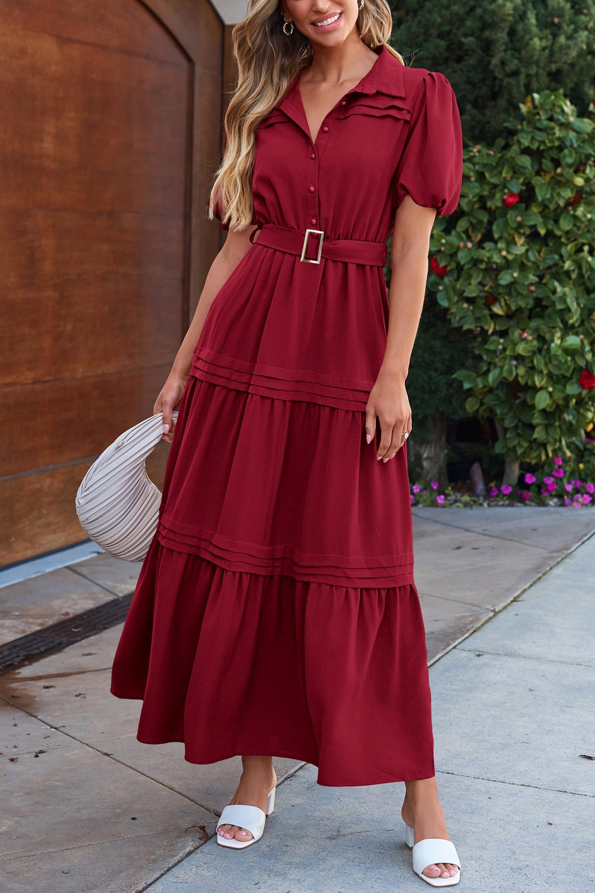 Summer Puff Short Sleeve Lapel V Neck Tiered A Line Flowy Party Dresses With Belt