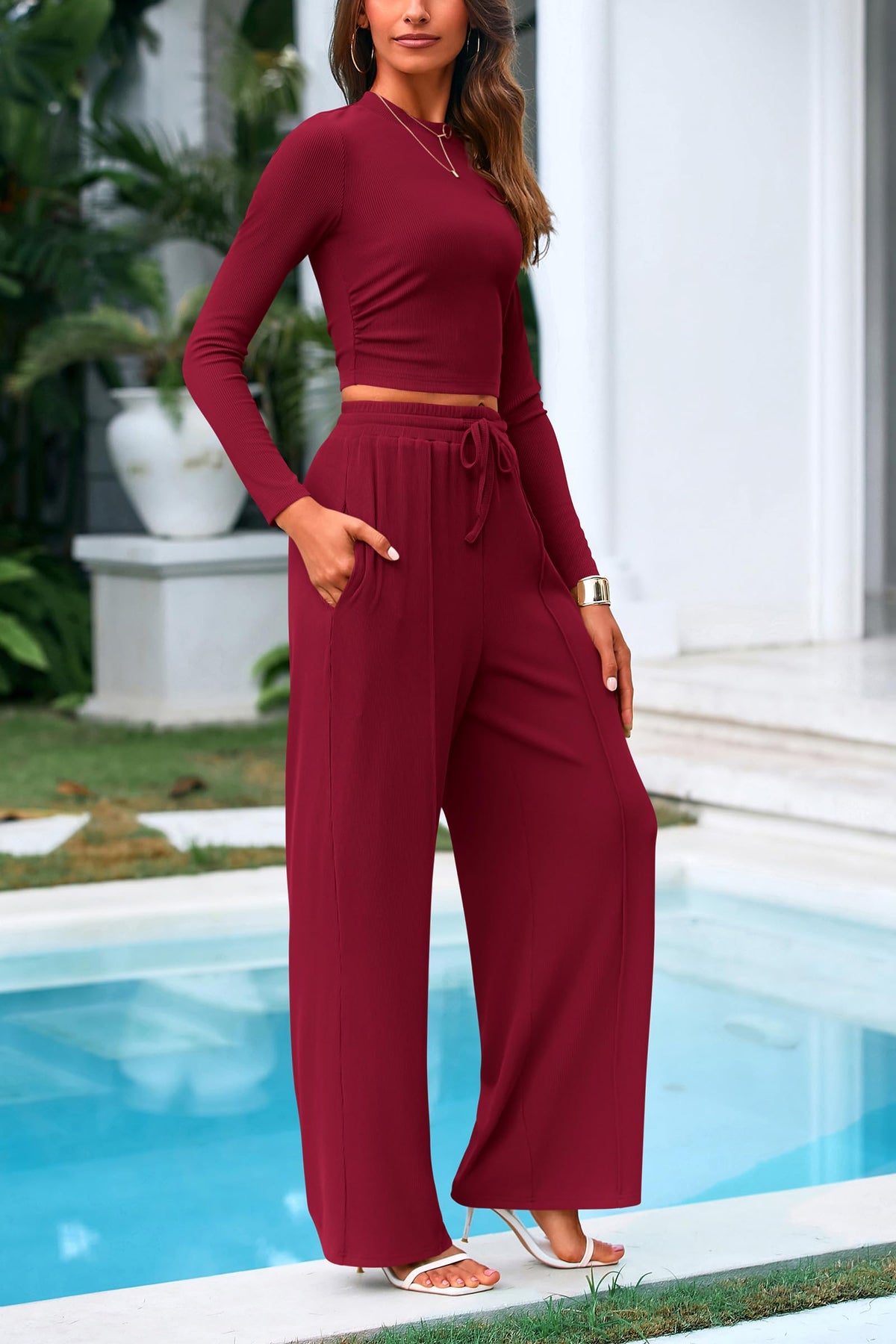 2 Piece Long Sleeve Crop Top Wide Leg Palazzo Pants Set