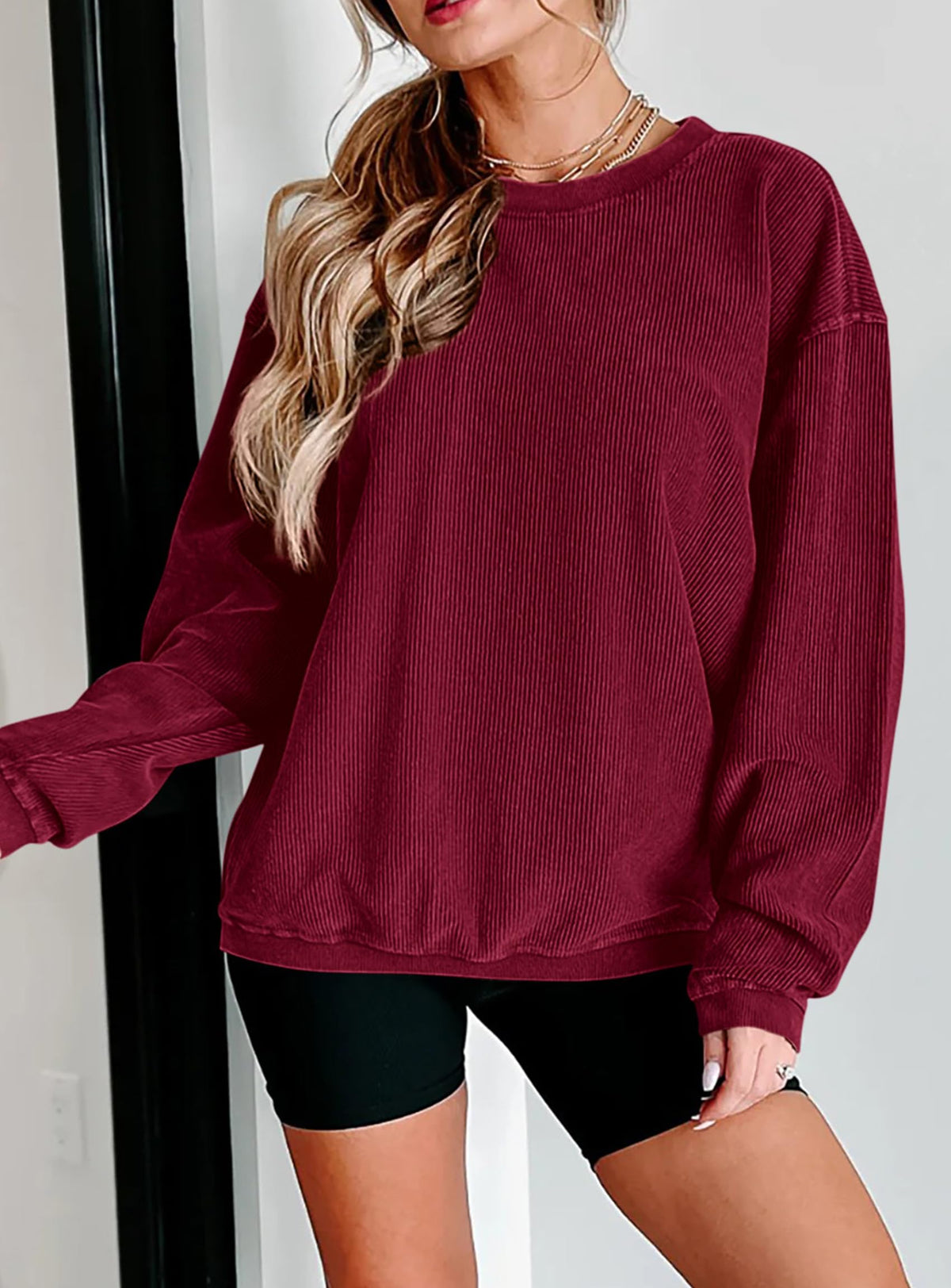 Women's Fall Oversized Sweatshirt Ribbed Corduroy Crewneck Long Sleeve Loose Fit Casual Going Out Pullover Tops