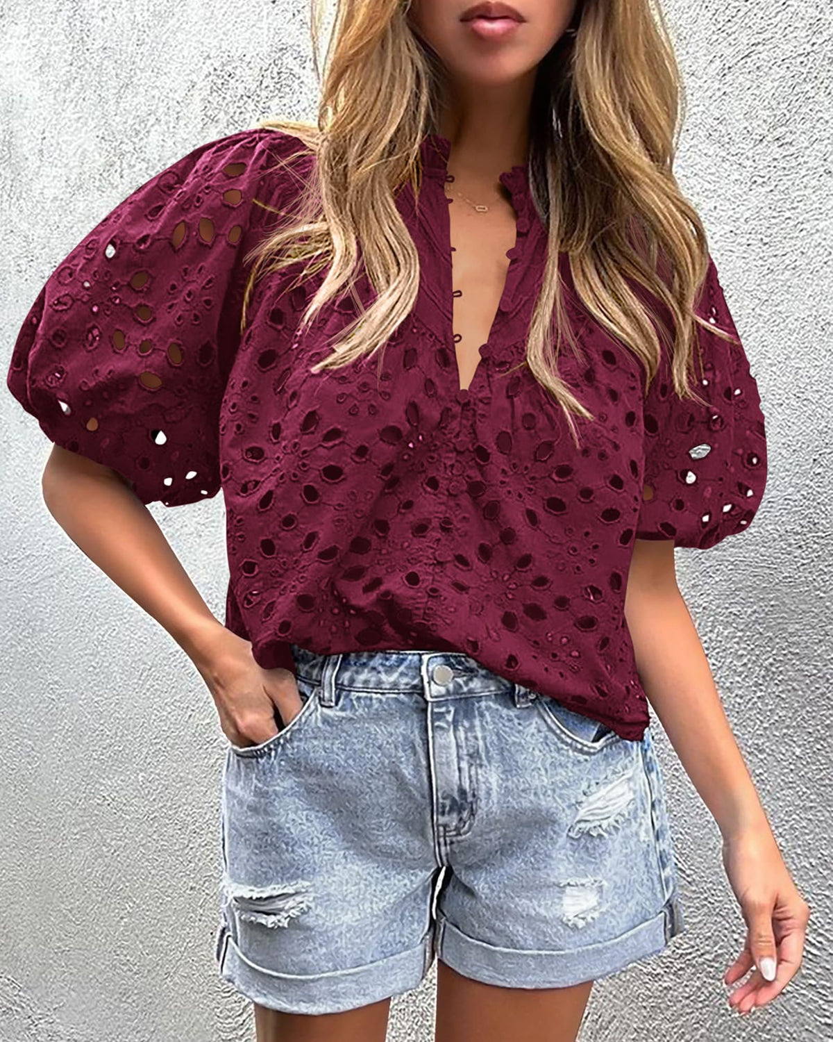 Hollow Out Lace Embroidered Blouse